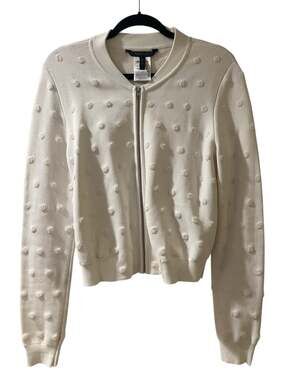 BCBGMaxAzria Cream Zip Knit Pom Pom Boho Chic Coquette Cozy Preppy Jacket-S